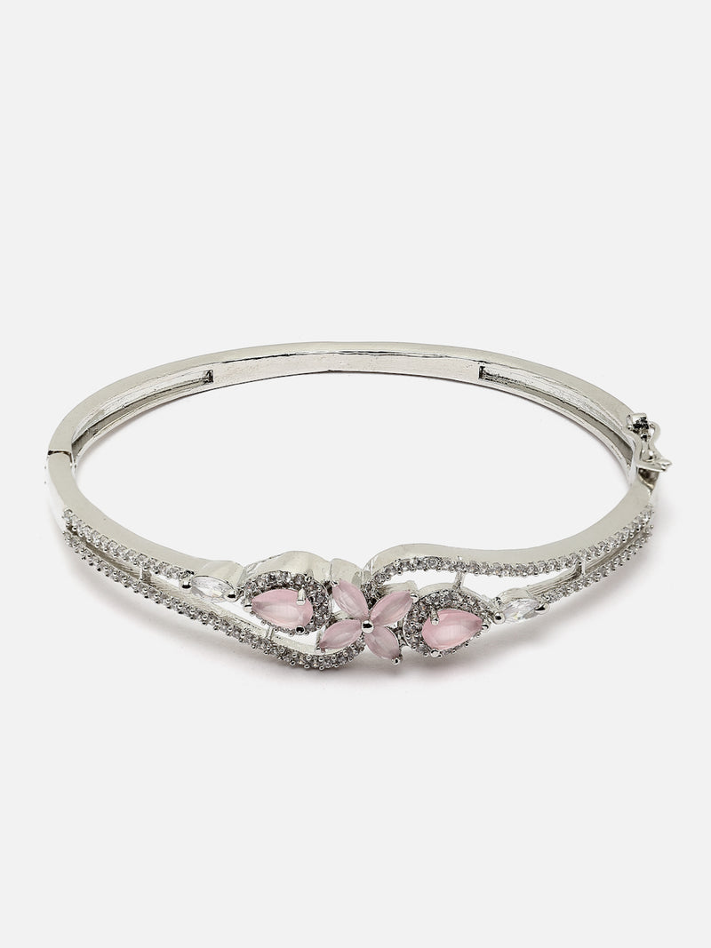 Rhodium-Plated Silver Toned Pink American Diamond Studded Kada Bracelet