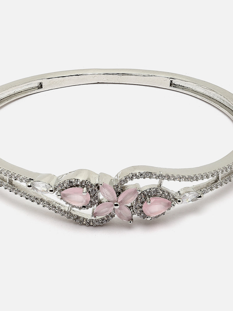 Rhodium-Plated Silver Toned Pink American Diamond Studded Kada Bracelet