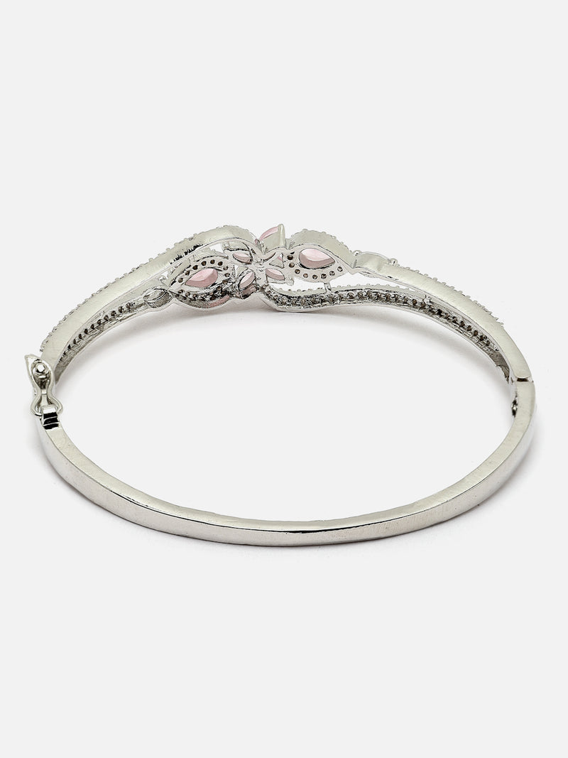 Rhodium-Plated Silver Toned Pink American Diamond Studded Kada Bracelet