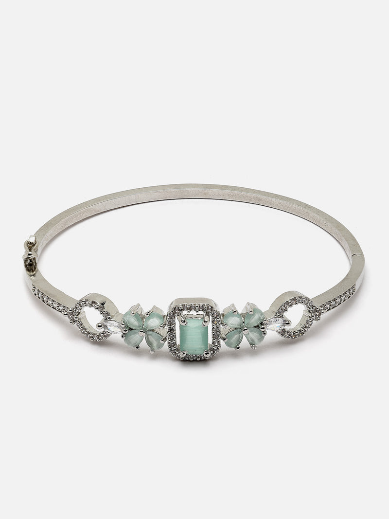 Rhodium-Plated Silver Toned Sea Green American Diamond Studded Kada Bracelet