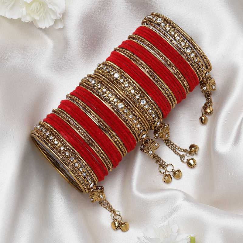 Gold-Plated Red Matte Finish Velvet American Diamond Studded Gold Pearl Tasselled Bangles Set Of 56