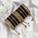 Gold-Plated Black Matte Finish Velvet AD Studded Gold Pearl Tasselled Bangles Set Of 56