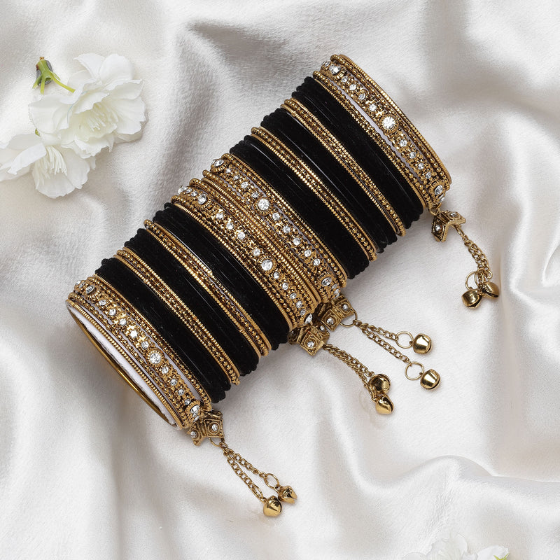 Gold-Plated Black Matte Finish Velvet AD Studded Gold Pearl Tasselled Bangles Set Of 56
