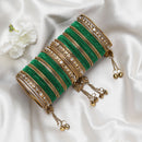 Gold-Plated Green Matte Finish Velvet AD Studded Gold Pearl Tasselled Bangles Set Of 56