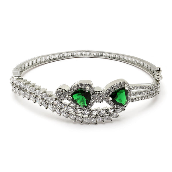 Rhodium-Plated Silver Toned Teardrop & Leaf Shaped Emerald Green American Diamond Studded Bracelet