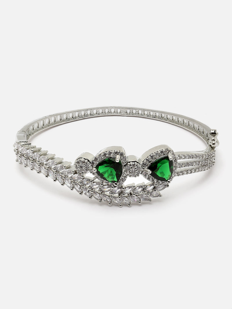 Rhodium-Plated Green American Diamond Studded Teardrop & Leaf Shaped Kada Bracelet