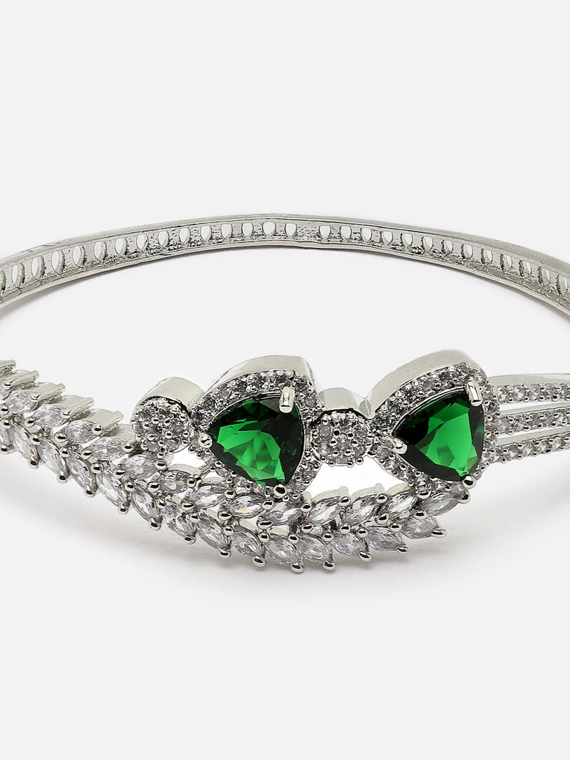 Rhodium-Plated Green American Diamond Studded Teardrop & Leaf Shaped Kada Bracelet