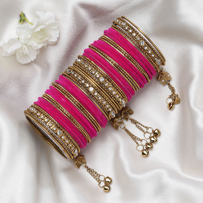 Gold-Plated Pink Matte Finish Velvet American Diamond Studded Gold Pearl Tasselled Bangles Set Of 56