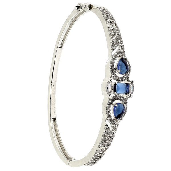 Rhodium-Plated Silver Toned Teardrop & Square Shaped Royal Blue American Diamond Studded Bracelet
