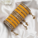 Gold-Plated Yellow Matte Finish Velvet AD Studded Gold Pearl Tasselled Bangles Set Of 56