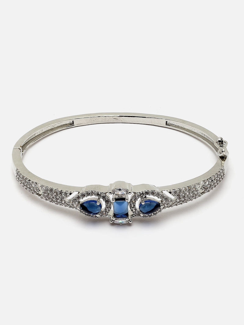 Rhodium-Plated Navy Blue Teardrop & Square Shape American Diamond Studded Kada Bracelet