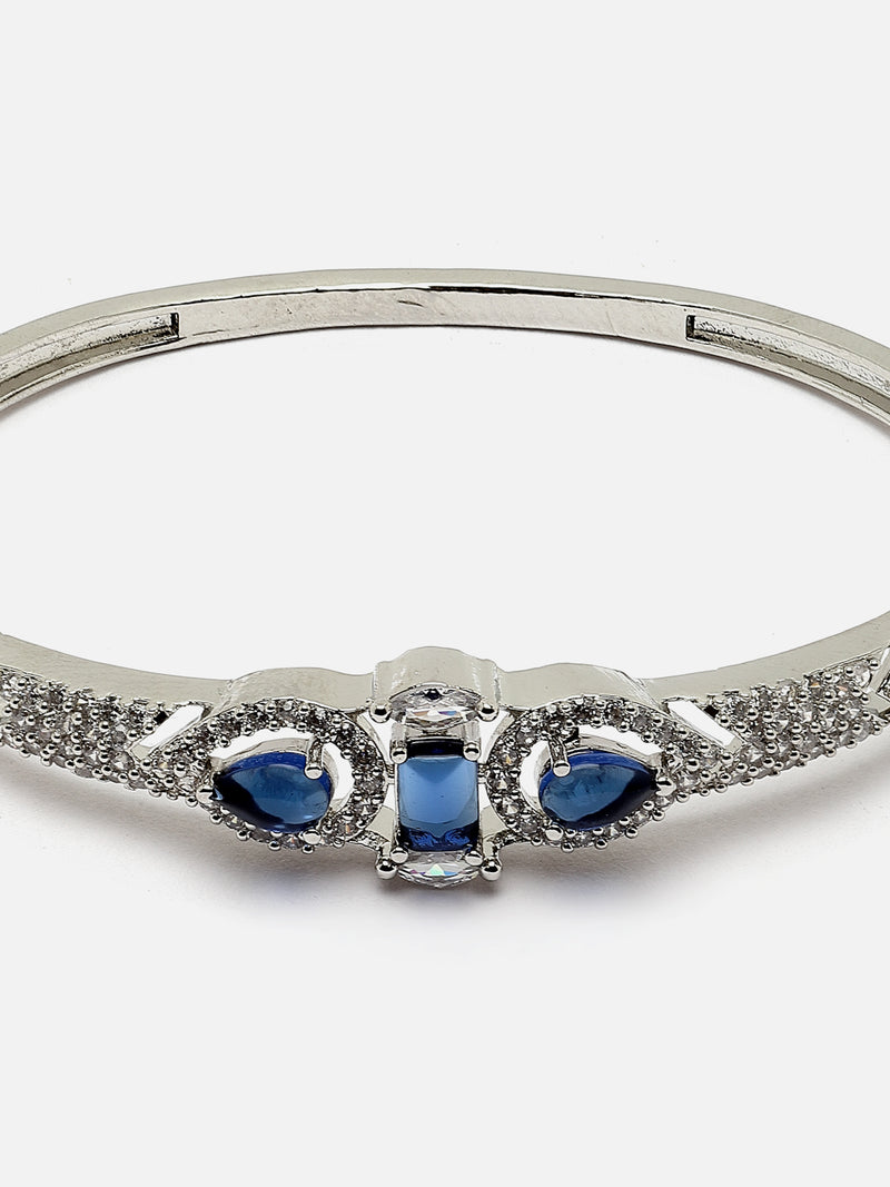 Rhodium-Plated Navy Blue Teardrop & Square Shape American Diamond Studded Kada Bracelet