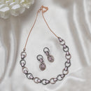 Rose Gold-Plated Gunmetal Toned Pink American Diamond Studded Disc-Shaped Necklace & Earrings Jewellery Set