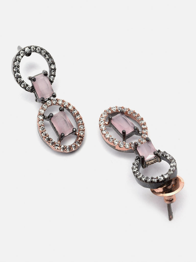 Rose Gold-Plated Gunmetal Toned Pink American Diamond Studded Disc-Shaped Necklace & Earrings Jewellery Set