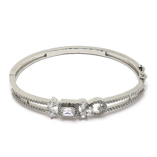 Rhodium Plated Silver Toned Square White American Diamond Studded Bracelet