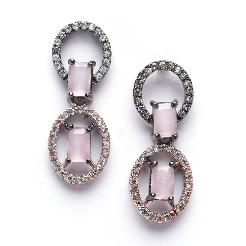 Rose Gold-Plated Gunmetal Toned Pink American Diamond Studded Disc-Shaped Necklace & Earrings Jewellery Set