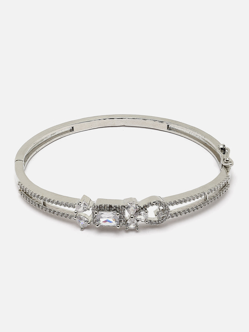 Rhodium-Plated Silver Toned Grey American Diamond Studded Kada Bracelet