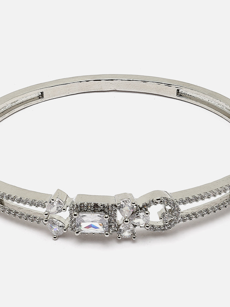 Rhodium-Plated Silver Toned Grey American Diamond Studded Kada Bracelet