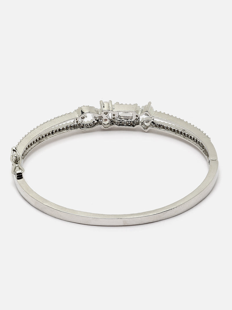 Rhodium-Plated Silver Toned Grey American Diamond Studded Kada Bracelet