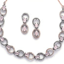 Rose Gold-Plated Gunmetal Toned Pink American Diamond Studded Disc-Shaped Necklace & Earrings Jewellery Set