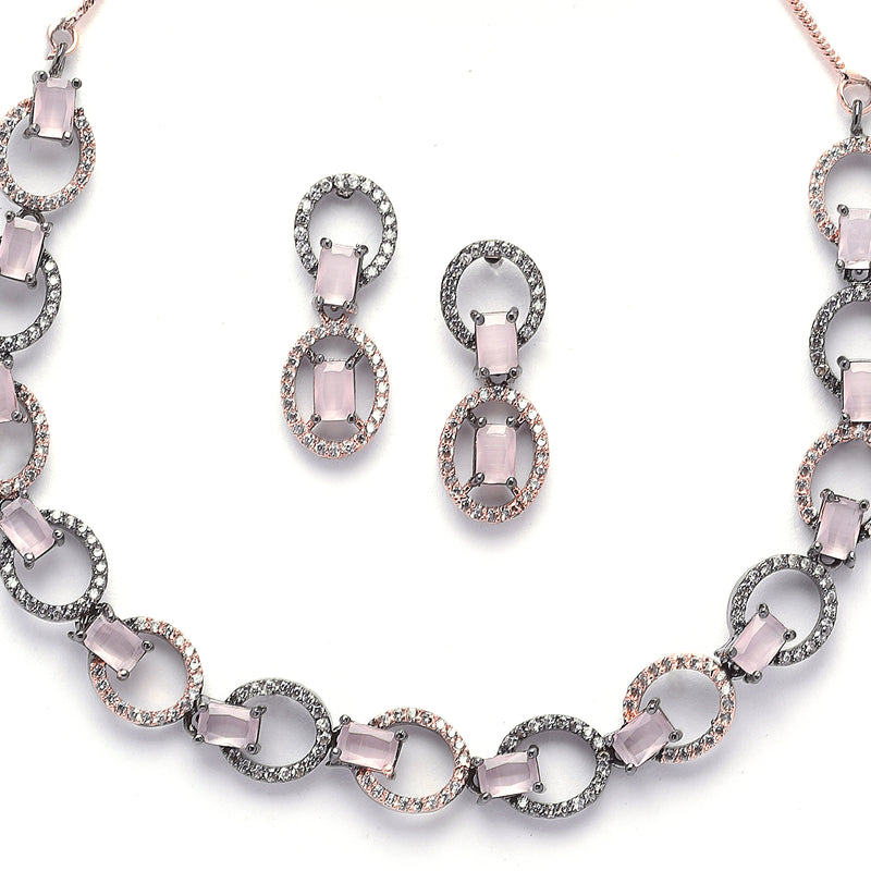 Rose Gold-Plated Gunmetal Toned Pink American Diamond Studded Disc-Shaped Necklace & Earrings Jewellery Set