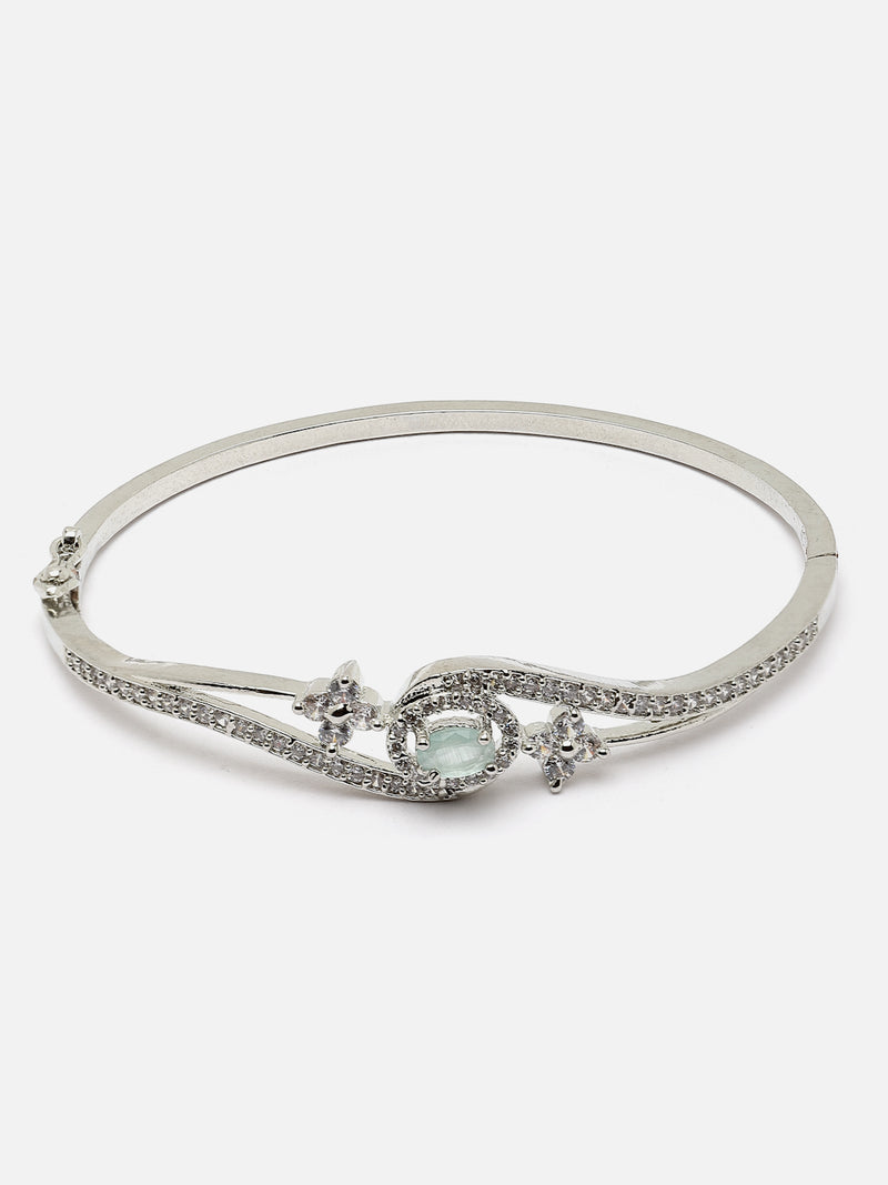 Rhodium-Plated Silver Toned Sea Green American Diamond Studded Kada Bracelet