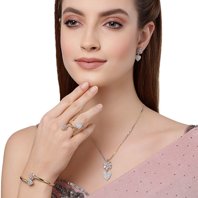 Flower Shaped Heart Drop Gold-Plated American Diamond-Studded Jewellery Set Combo