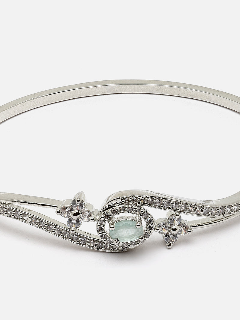 Rhodium-Plated Silver Toned Sea Green American Diamond Studded Kada Bracelet