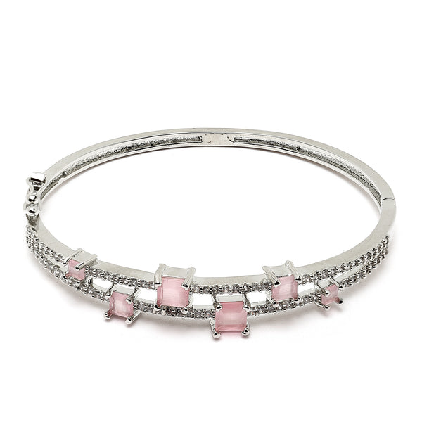 Rhodium-Plated Silver Toned Square Shaped Pink American Diamond Studded Bracelet