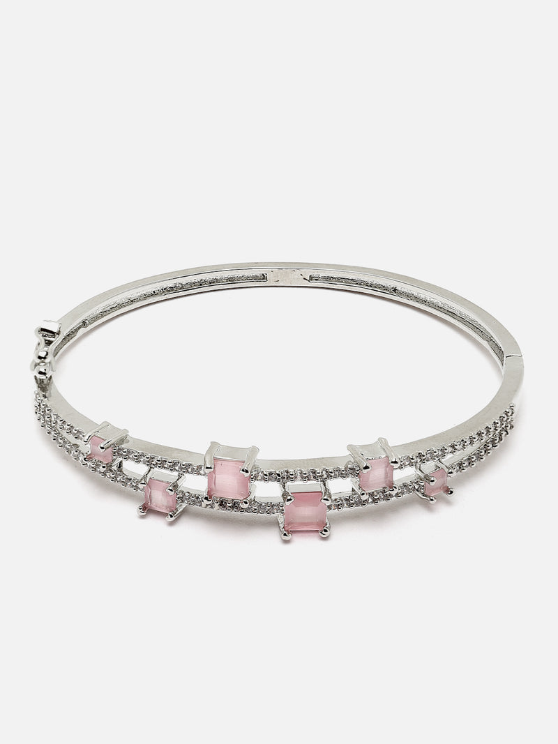 Rhodium-Plated Silver Toned Pink American Diamond Studded Kada Bracelet