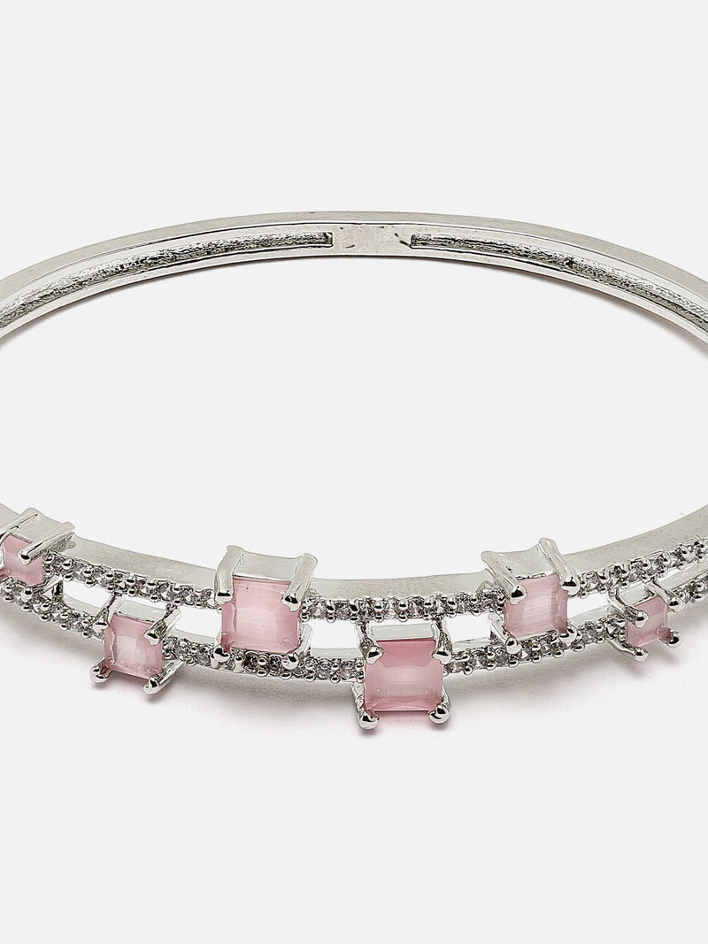 Rhodium-Plated Silver Toned Pink American Diamond Studded Kada Bracelet