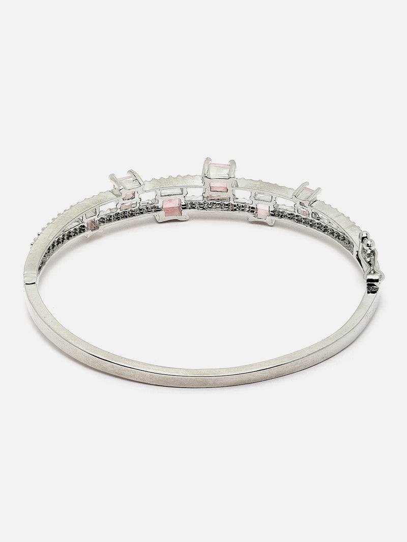 Rhodium-Plated Silver Toned Pink American Diamond Studded Kada Bracelet