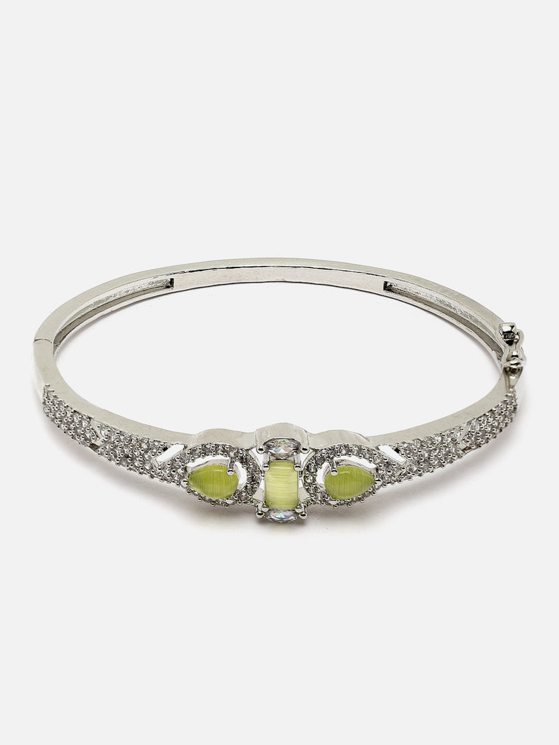 Rhodium-Plated Lime Green Teardrop & Square Shape American Diamond Studded Kada Bracelet