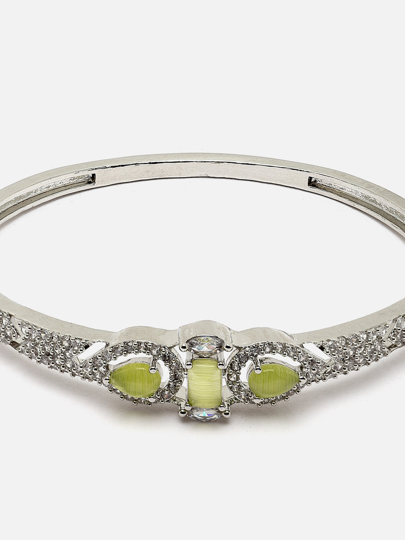 Rhodium-Plated Lime Green Teardrop & Square Shape American Diamond Studded Kada Bracelet