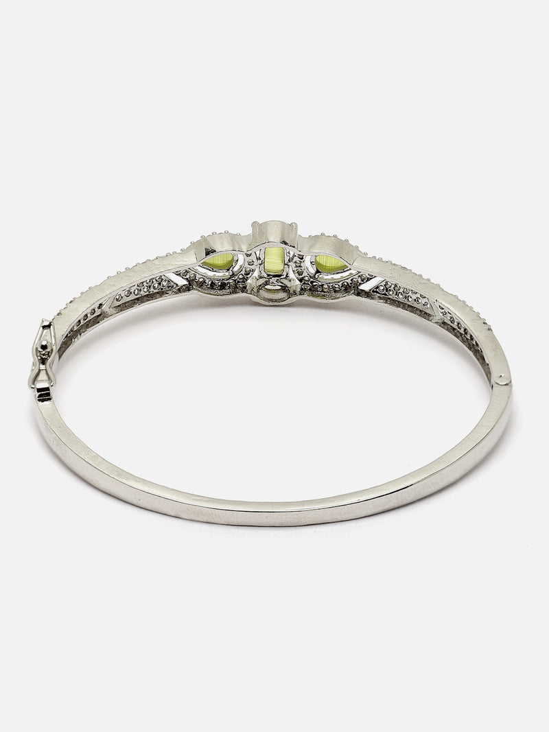 Rhodium-Plated Lime Green Teardrop & Square Shape American Diamond Studded Kada Bracelet