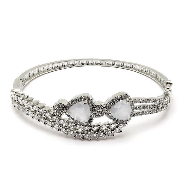 Rhodium-Plated Silver Toned Teardrop & Leaf Shaped Grey American Diamond Studded Bracelet