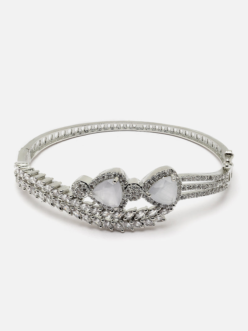 Rhodium-Plated Grey American Diamond Studded Teardrop & Leaf Shaped Kada Bracelet