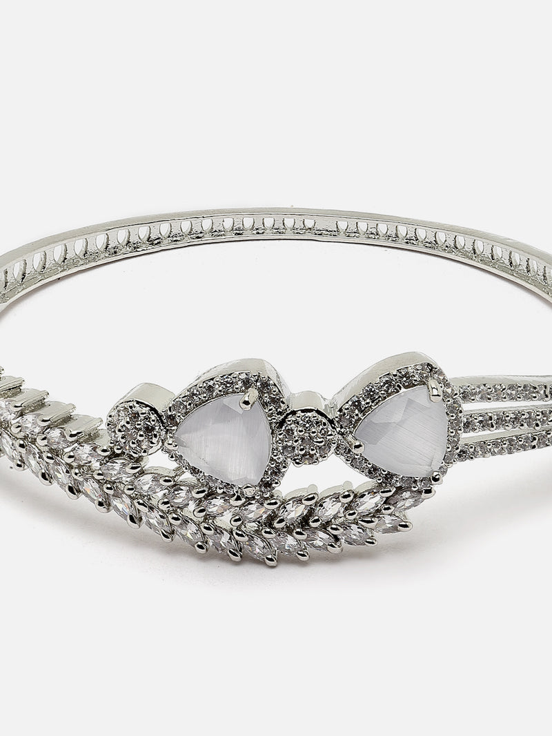 Rhodium-Plated Grey American Diamond Studded Teardrop & Leaf Shaped Kada Bracelet