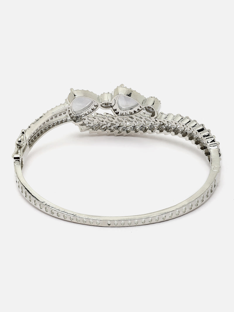 Rhodium-Plated Grey American Diamond Studded Teardrop & Leaf Shaped Kada Bracelet