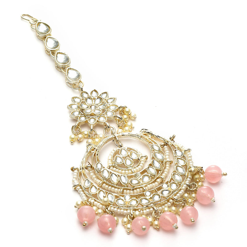 Traditional Gold Plated Kundan & Pink Bead Chandbali Maang Tikka