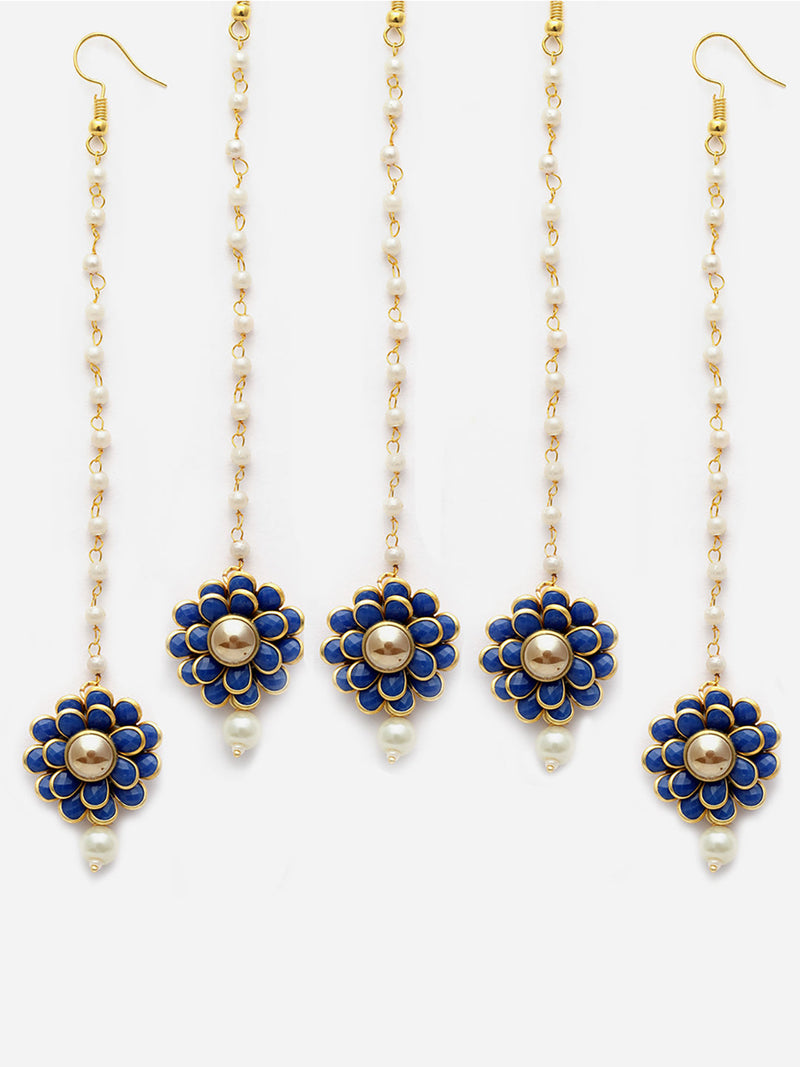 Gold Plated with Blue Stones & Pearl Drop Traditional Maang Tikka Set Of 5