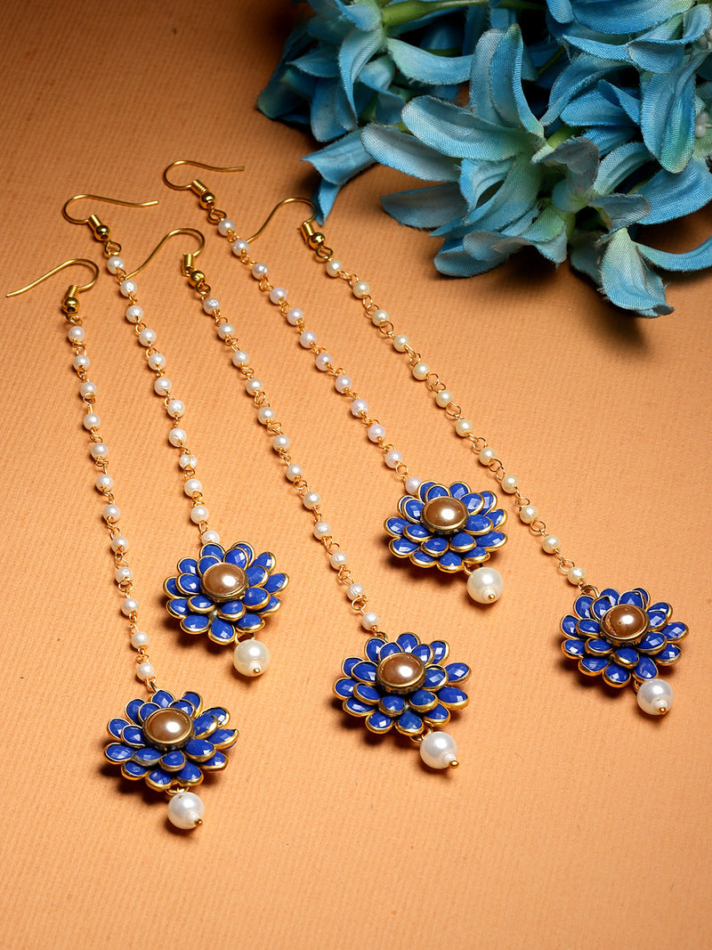 Gold Plated with Blue Stones & Pearl Drop Traditional Maang Tikka Set Of 5