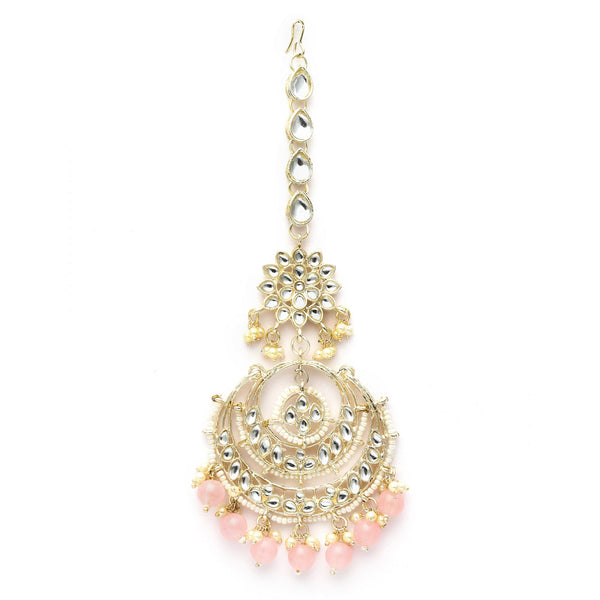 Traditional Gold Plated Kundan & Pink Bead Chandbali Maang Tikka