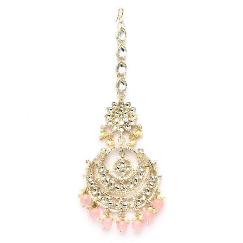 Traditional Gold Plated Kundan & Pink Bead Chandbali Maang Tikka