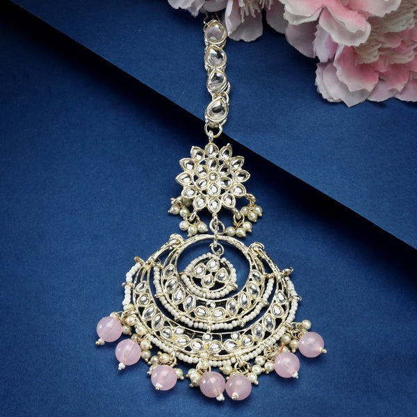 Traditional Gold Plated Kundan & Pink Bead Chandbali Maang Tikka
