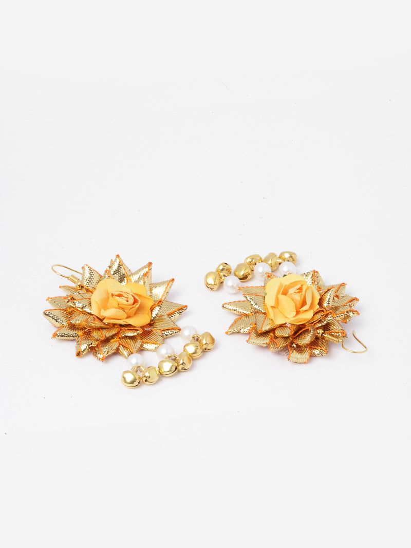 Yellow & White Pearl Gota Patti Flower Jewellery Set Combo