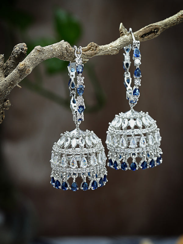 Rhodium Plated Silver Toned with Blue & White American Diamond Jhumka Earrings