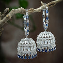 Rhodium Plated Silver Toned with Blue & White American Diamond Jhumka Earrings