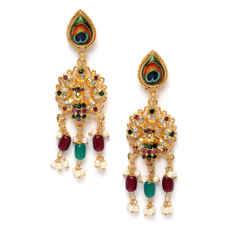 Gold-Plated Kundan Studded & Beaded Long Meenakari Necklace with Earrings Jewellery Set