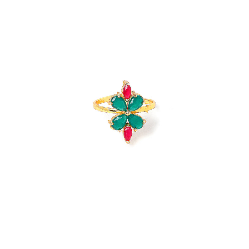 Sea Green & Red Flower Shaped Gold-Plated American Diamond Studded Jewellery Set Combo
